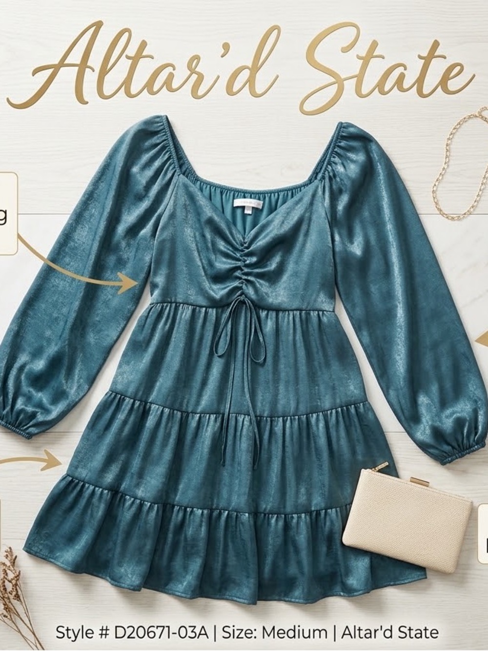 Altar'd State Women's Teal Shimmer Tiered Dress